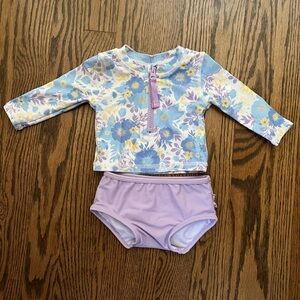 Ruffle Butts Floral Kids Swim Rashguard - Purple and Blue
